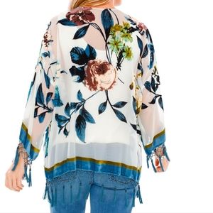 Chicos Floral Burnout kimono in blue hues with beaded tassel. Size Large/XL. New